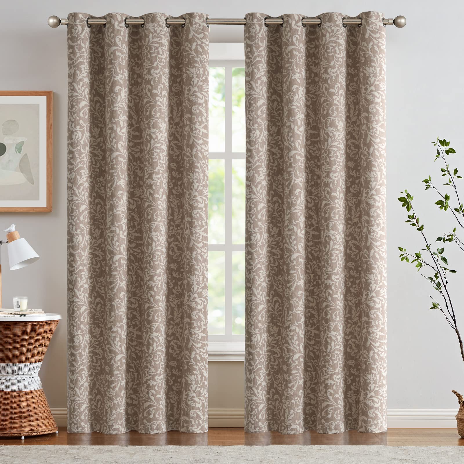 Jinchan 80% Blackout Curtains For Living Room, Farmhouse Drapes With Scroll Floral Patterned For Bedroom, Extra Long Grommet Thermal Insulated Curtains, Vintage Curtains108 Inch Length 2 Panels Taupe